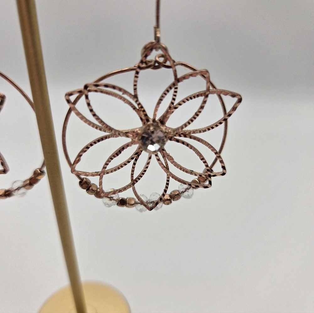 Adornia Rose Gold Wire Flower Circle Rhinestone Crystal Beads Dangle Earrings - Picture 4 of 8